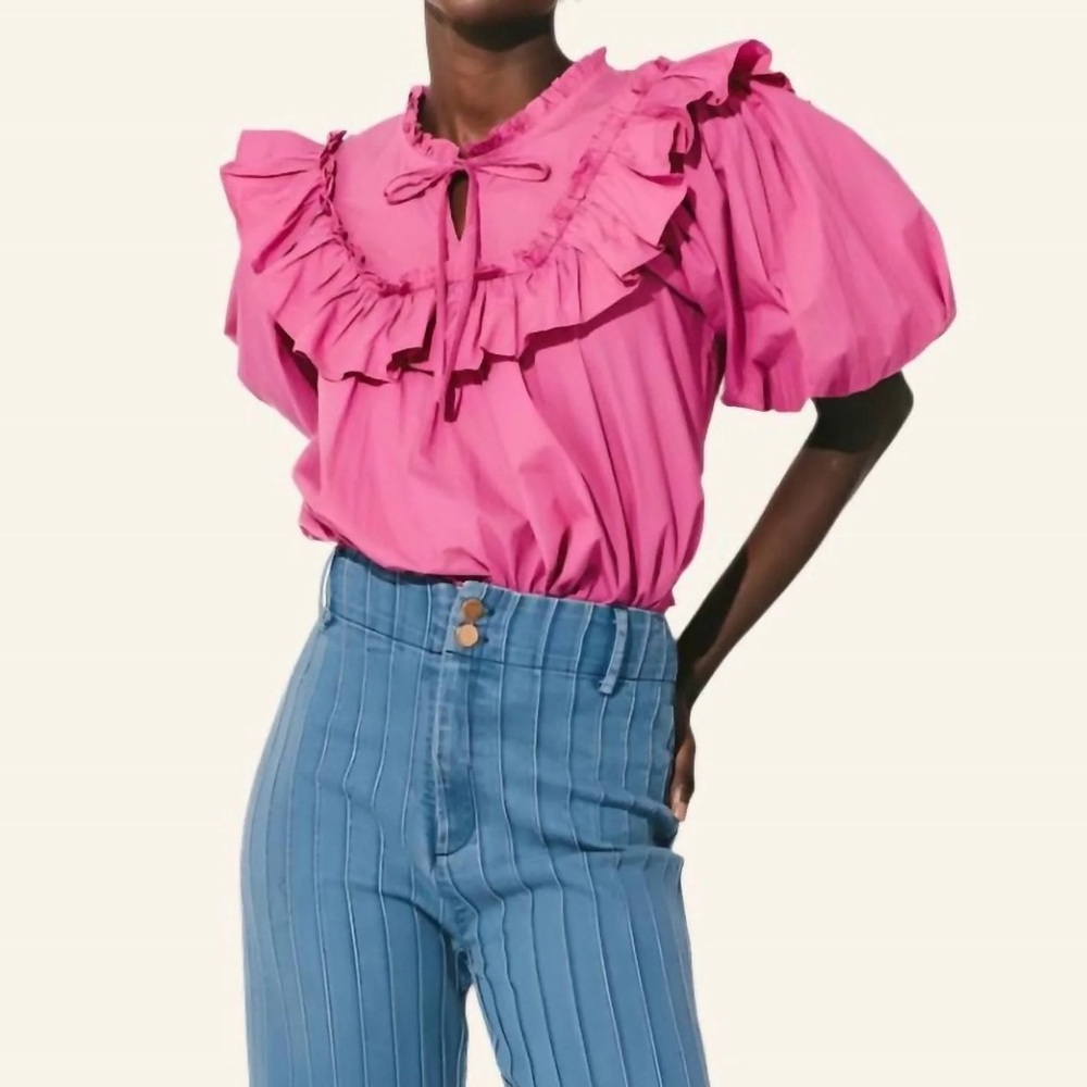 Cleobella Bright Pink Ruffle Tie-Neck Janet Blouse size Small